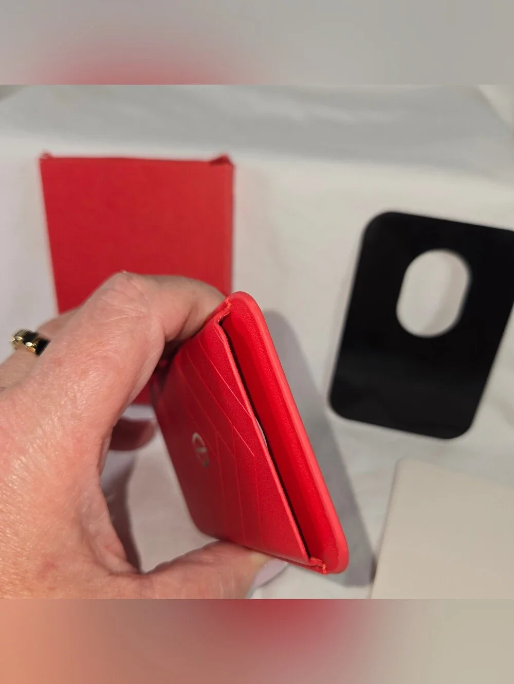 Red Faux Leather Card Wallet with Gold Logo - Armani - Attaches To Phone